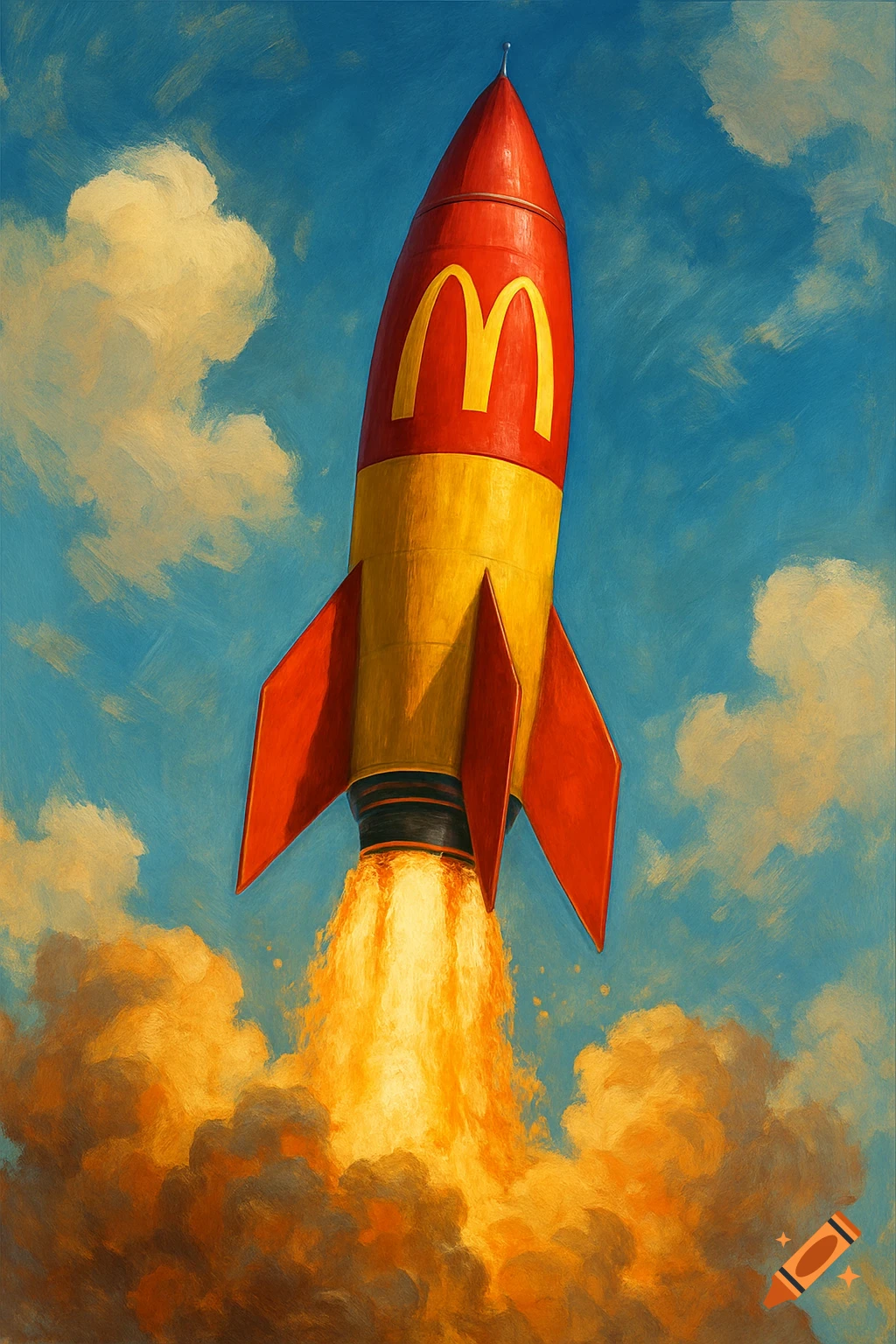 Painted style image of a red and yellow rocket with a McDonald's logo launching into a cloudy blue sky.