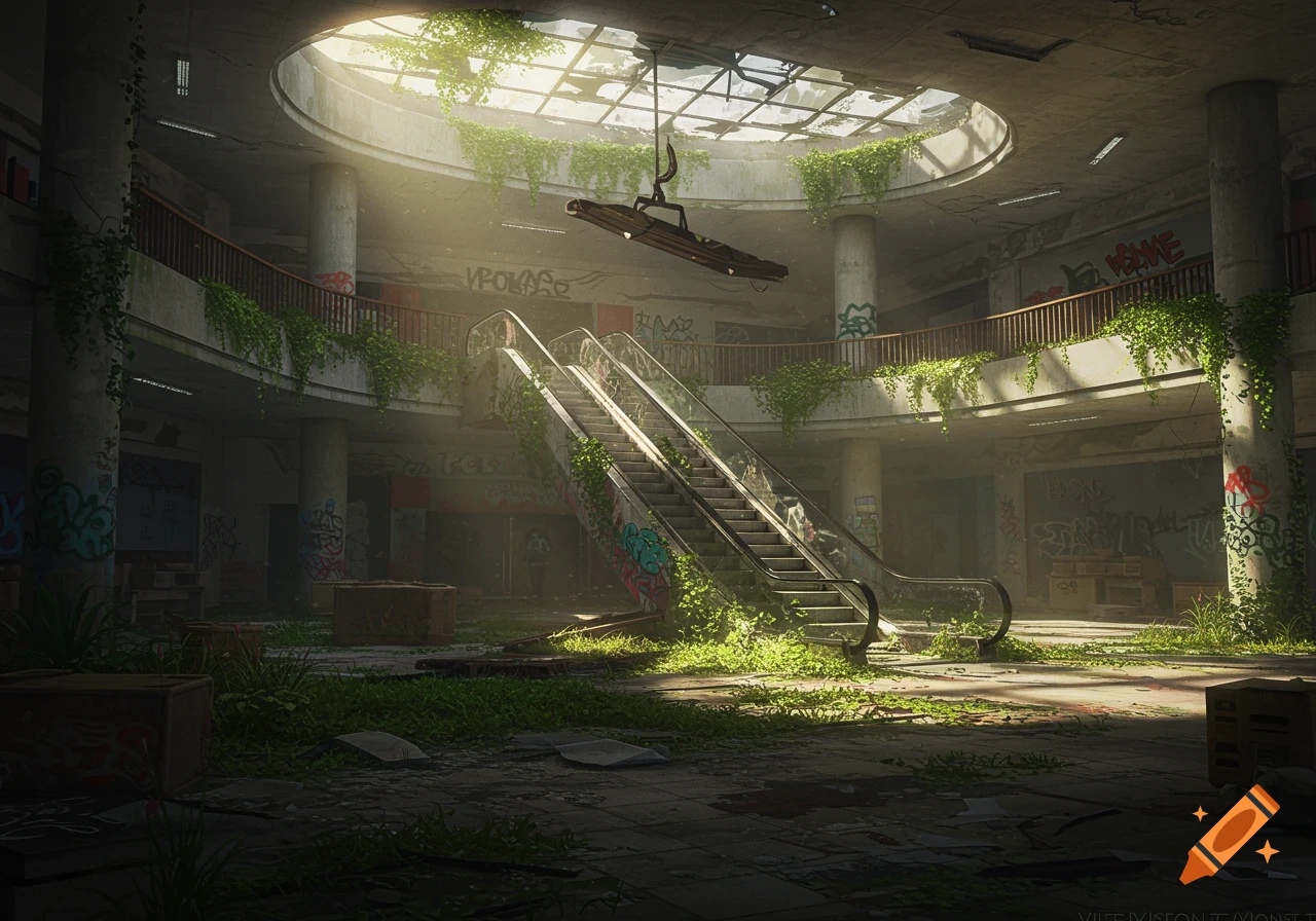 Ruined shopping center interior with escalator, overgrown vegetation, and graffiti, sunlight streaming from above.