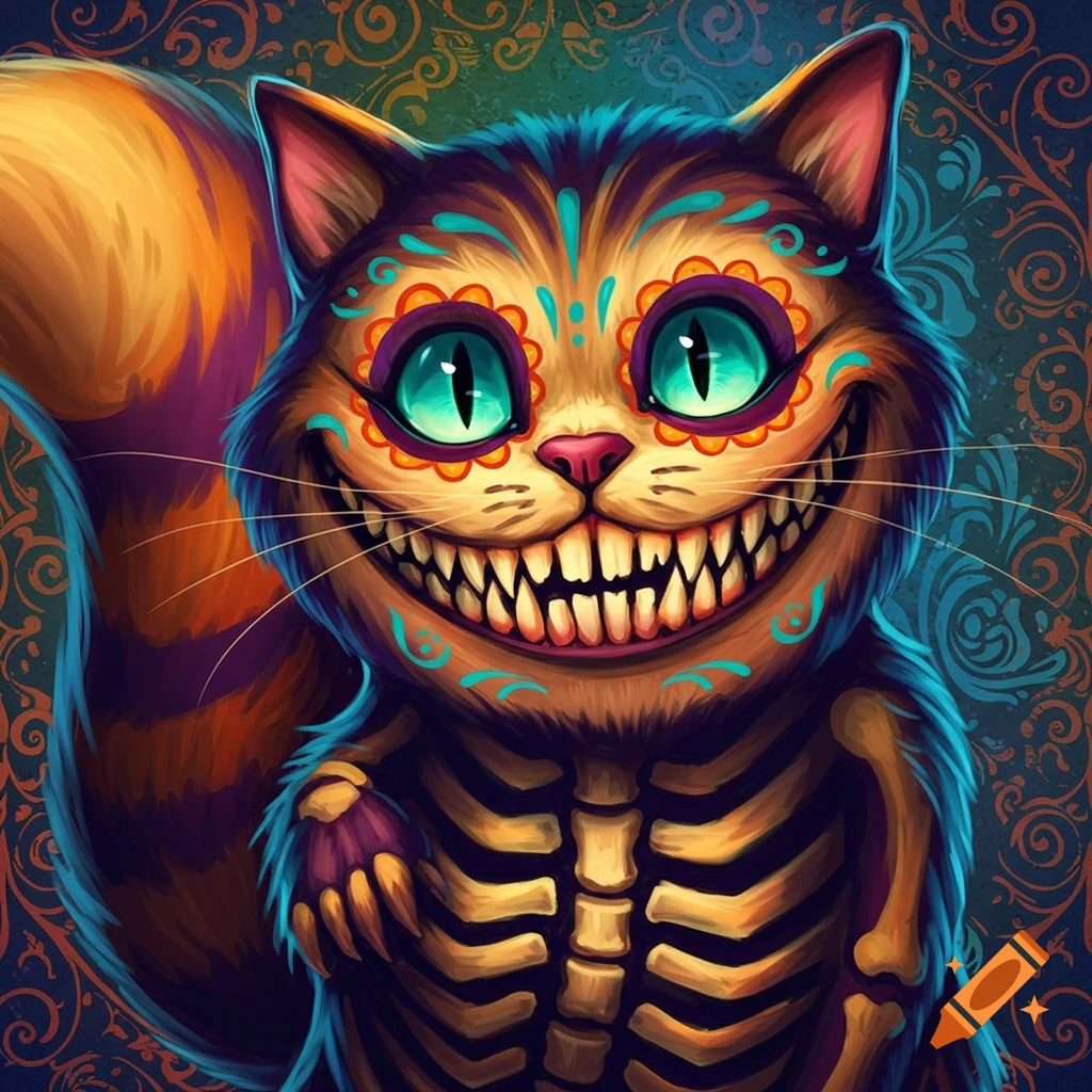 A Cheshire cat with a skeleton body and colorful Day of the Dead face makeup grins widely.
