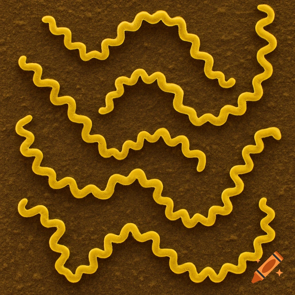A close-up view of yellow, spiral-shaped bacteria, resembling a micrograph.