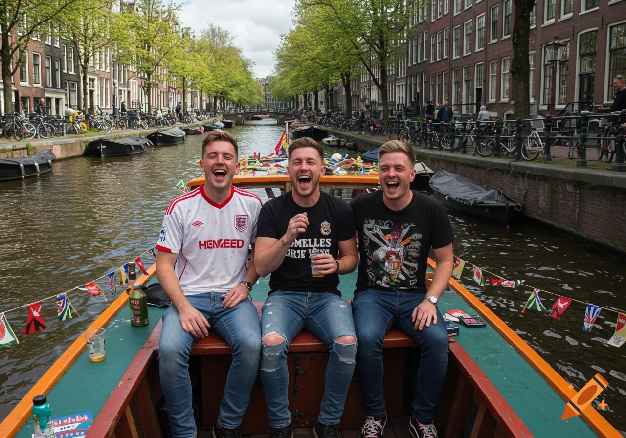 Three men laughing in a boat on a canal with buildings in the background.