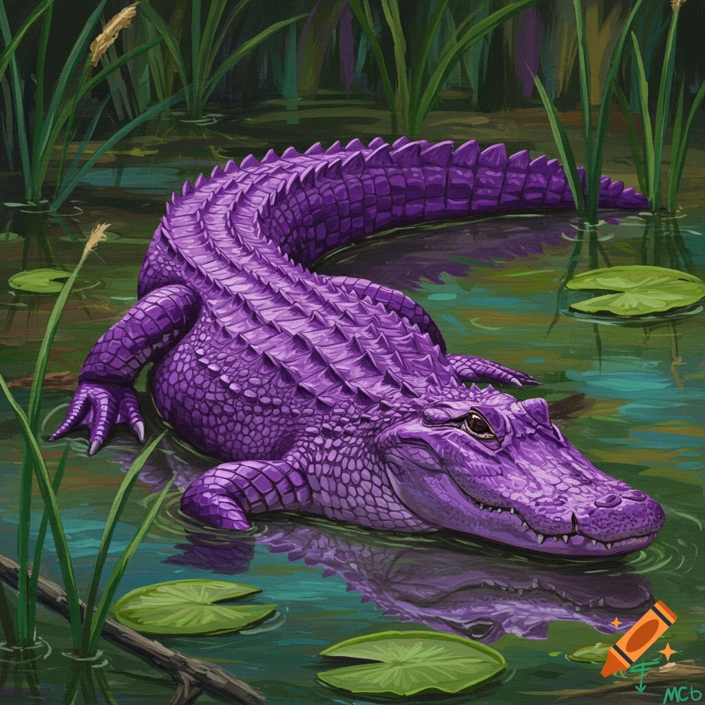 Purple alligator in a swamp with lily pads