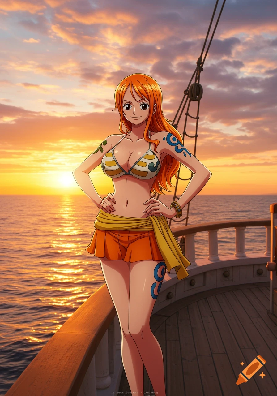 Anime character Nami from One Piece standing on a ship deck at sunset.