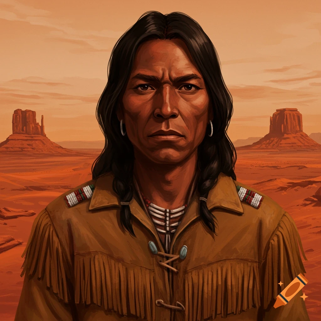 Portrait of a Native American man in traditional clothing standing in a desert landscape.