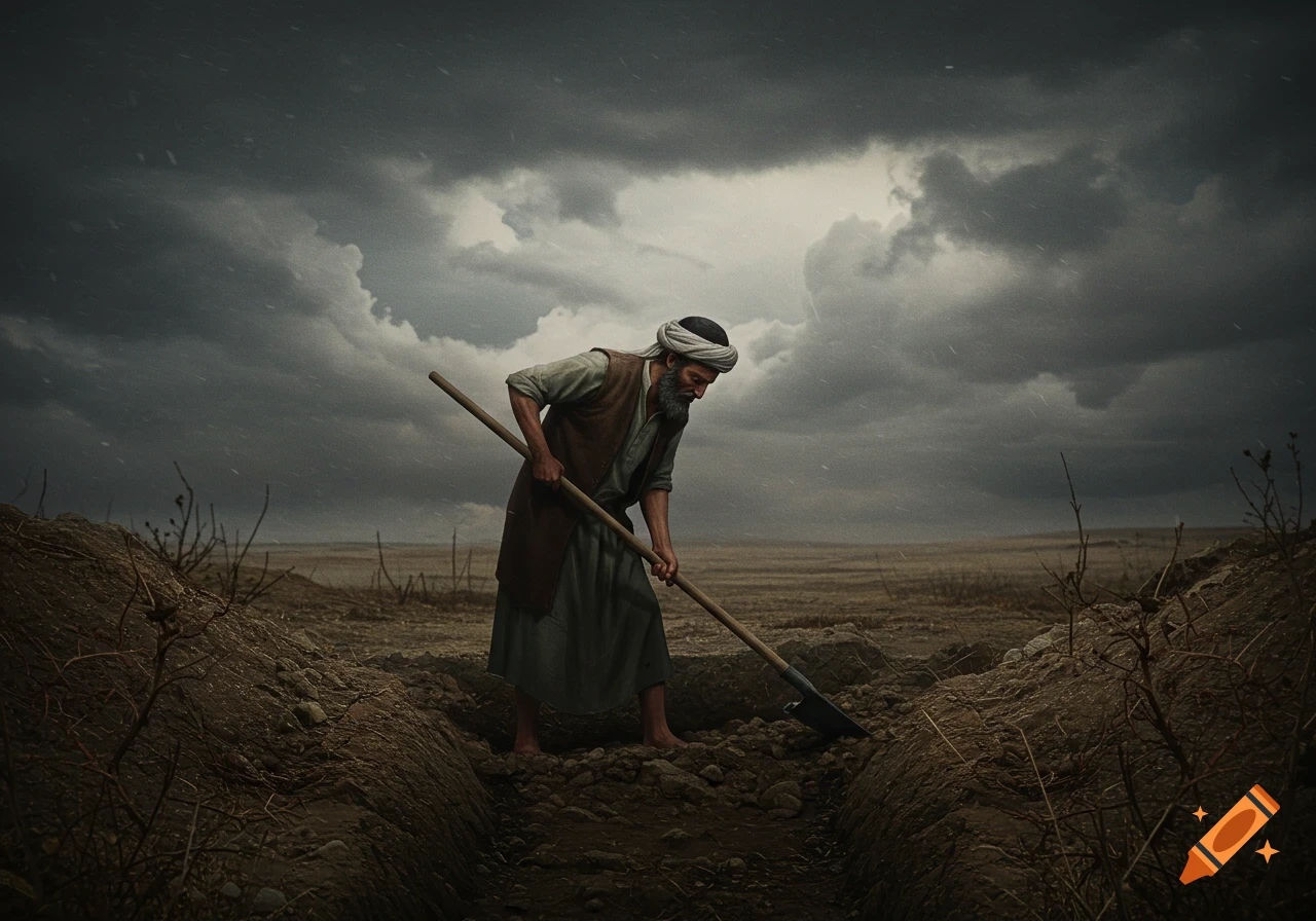 Man in traditional clothes digging a grave in a barren field under stormy skies.