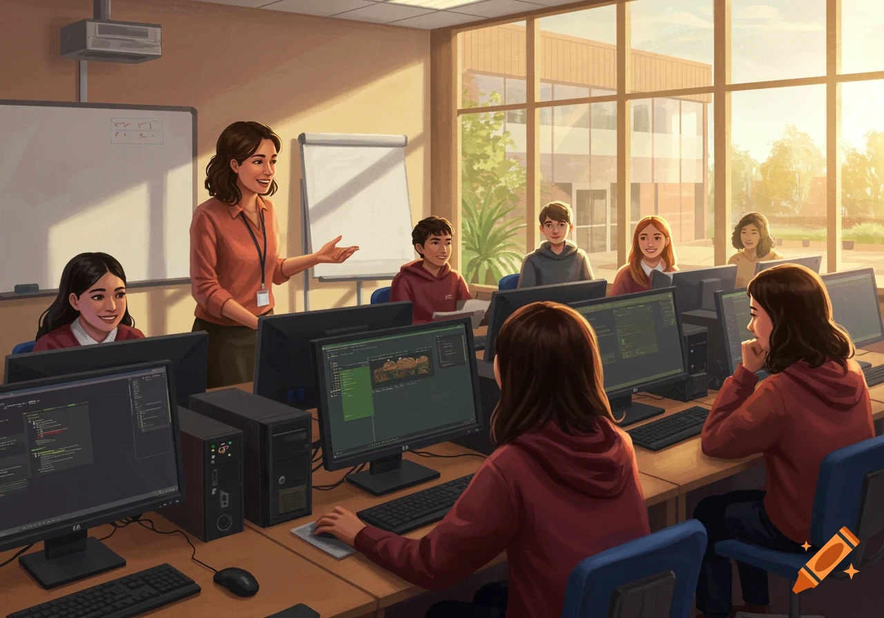 A teacher speaks to students working at computers in a classroom, digital painting.