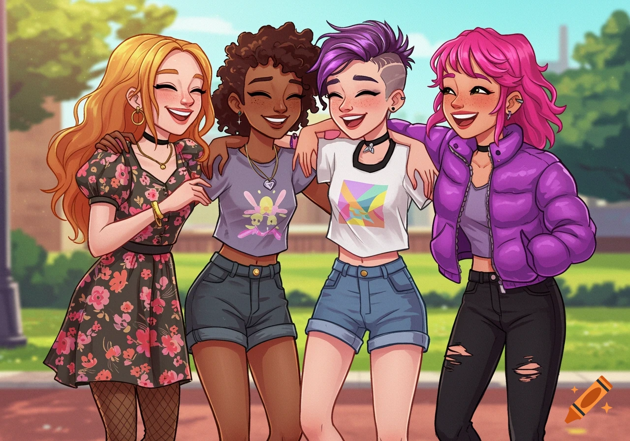 Illustration of four young women laughing and hugging outdoors