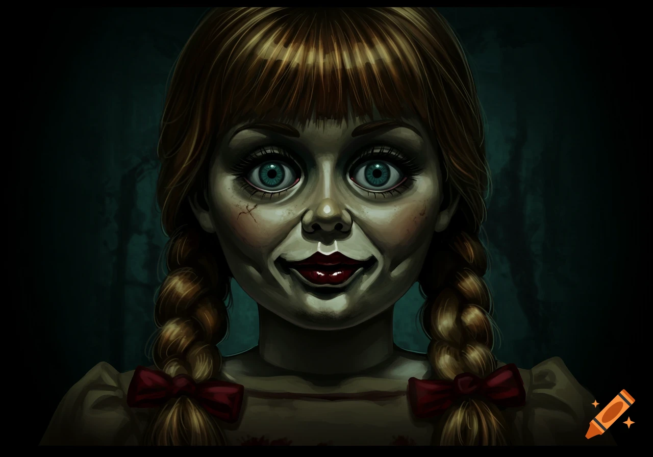 Close-up of a creepy doll with big eyes, red bows, and a disturbing smile.
