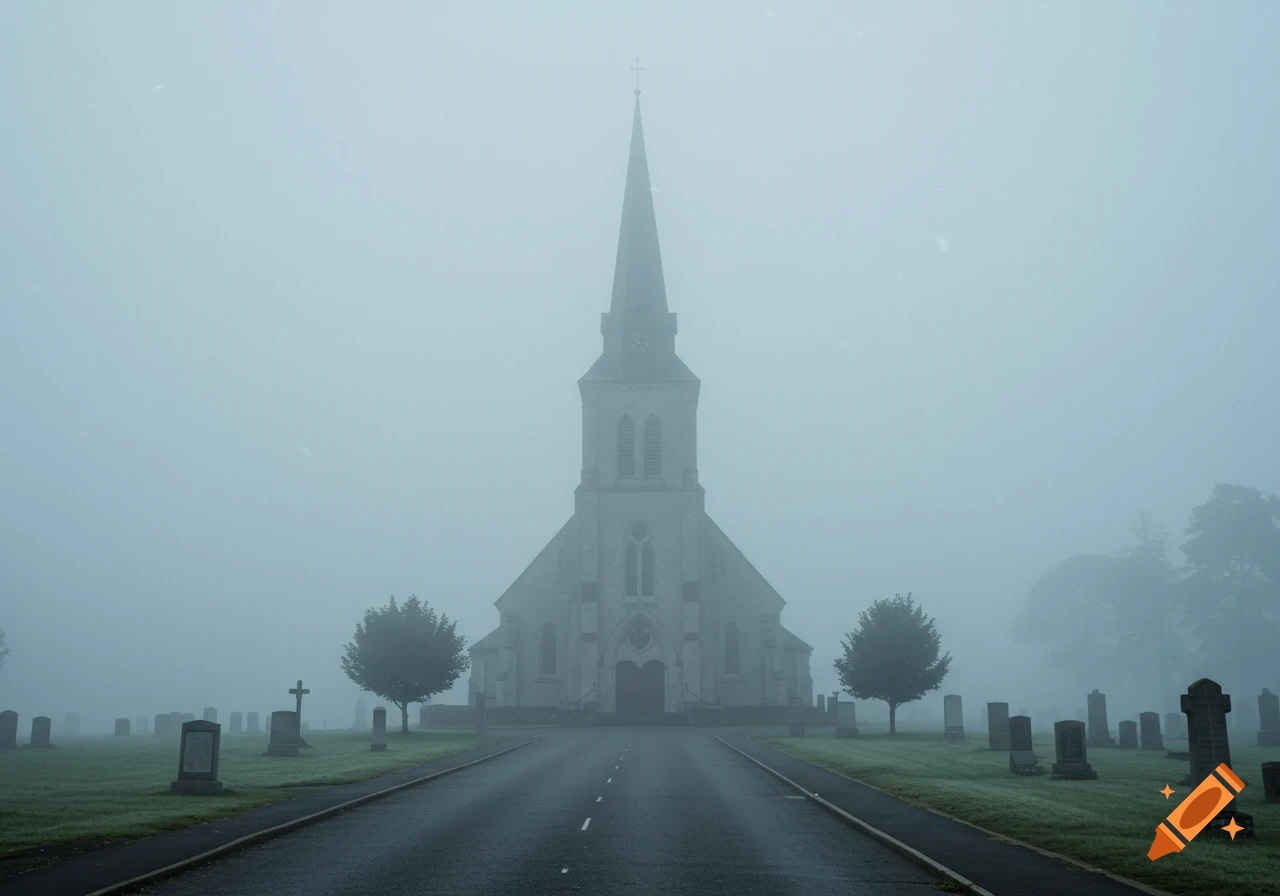 Symmetrical view of a church and graveyard shrouded in light fog.