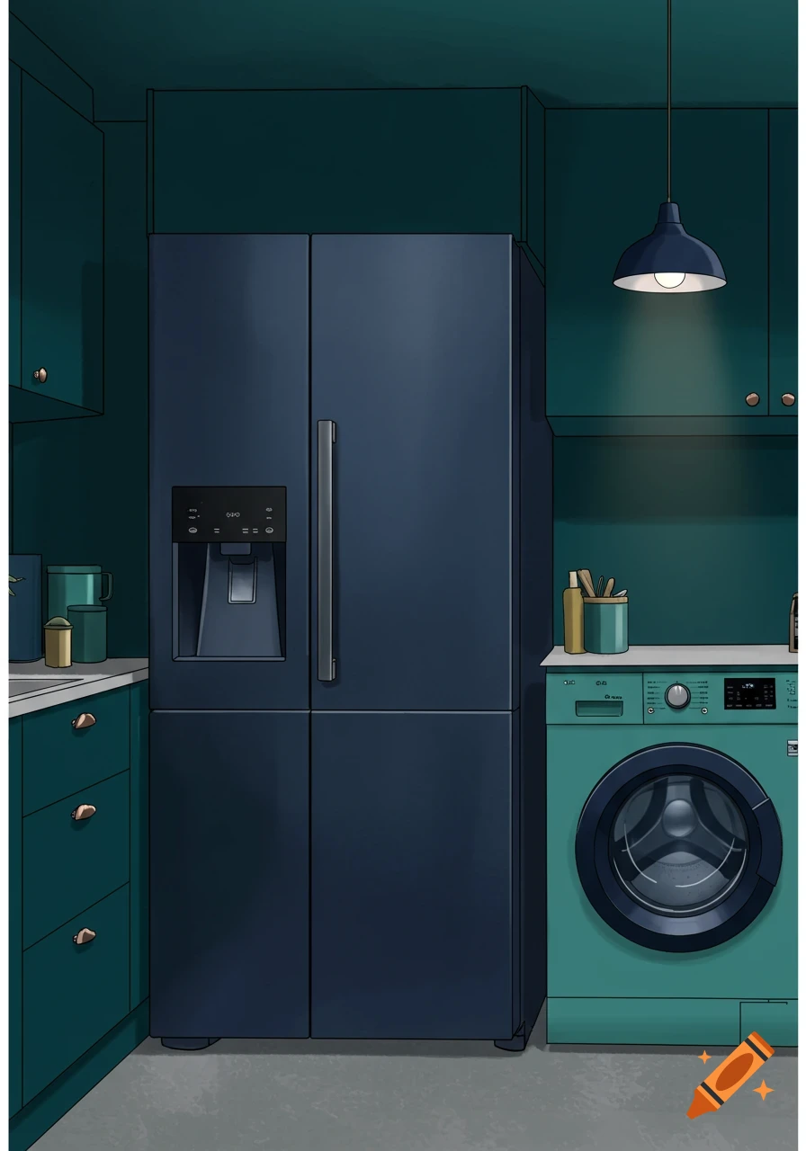 Illustrated scene of a dark blue refrigerator and teal washing machine in a room with teal cabinets.
