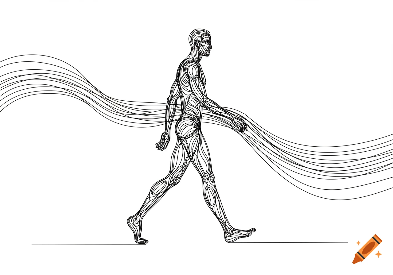 Abstract line drawing of a person walking on a line with wavy lines behind