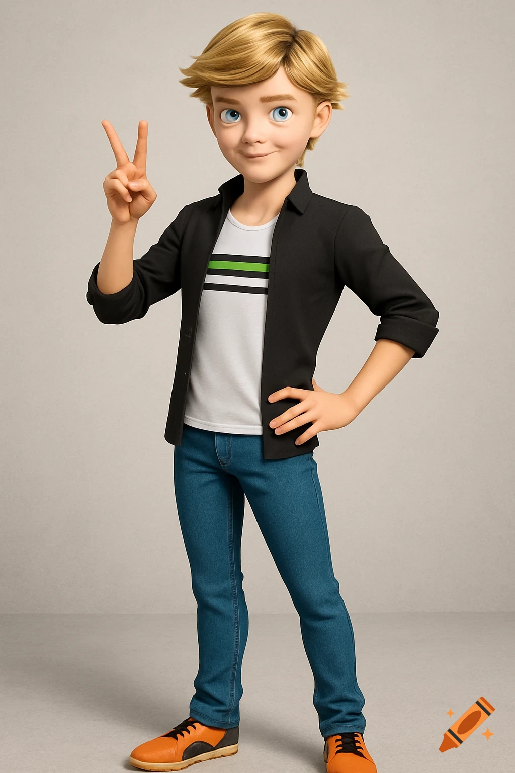 3D render of a cartoon boy with blonde hair giving a peace sign, wearing a striped shirt, black jacket, and jeans.