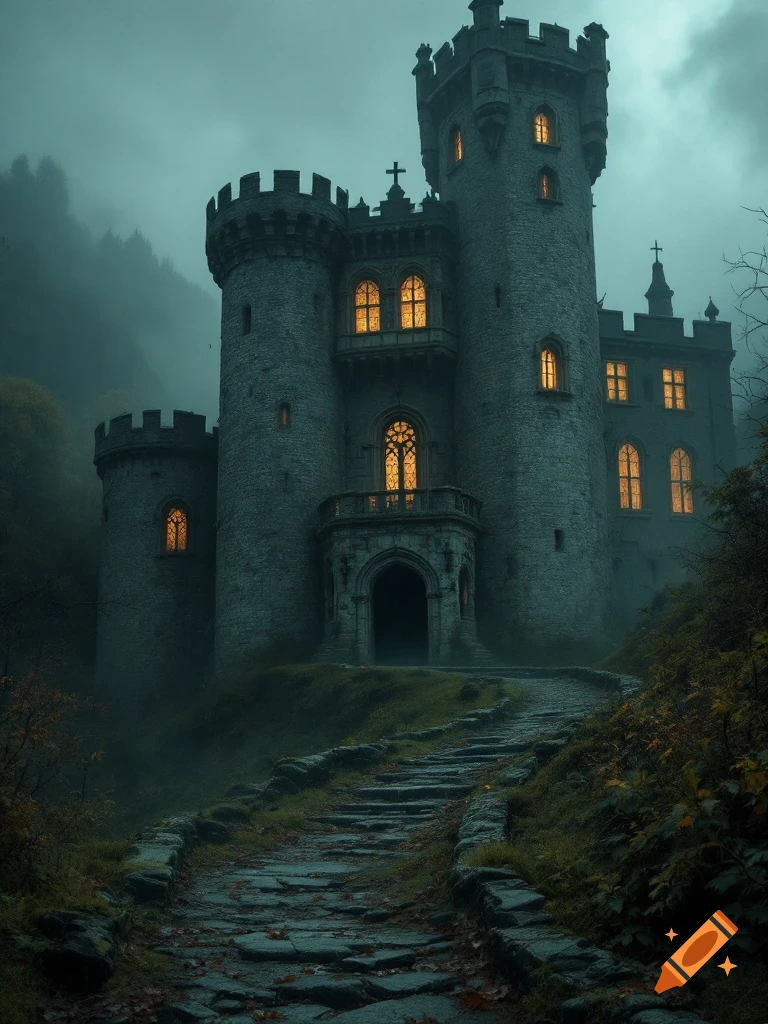 A spooky gothic castle on a hill under a misty sky, with lit windows and a winding stone pathway leading up to it.