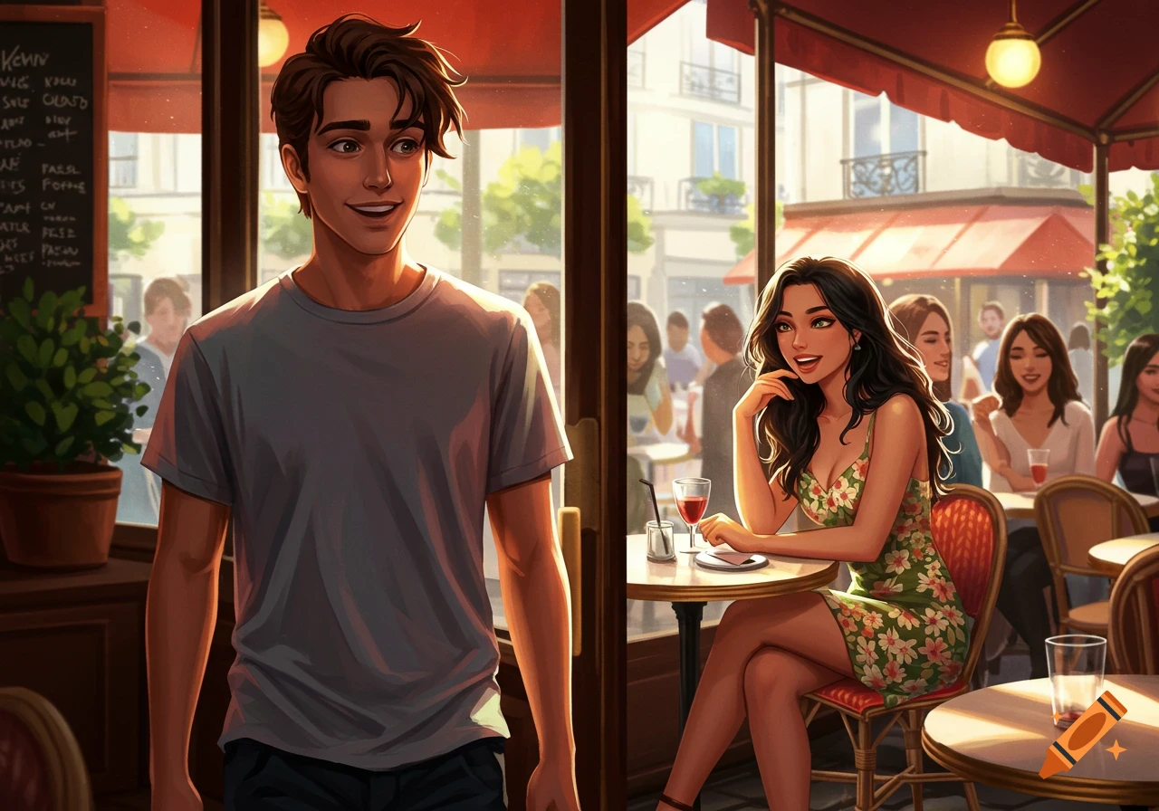 Illustrated man looking at a woman in a cafe.