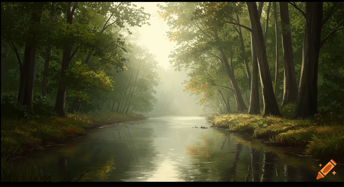 Digital painting of a calm river flowing through a misty forest.
