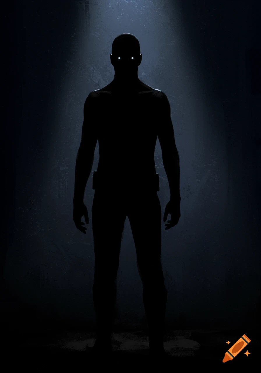 A dark silhouette of a figure with glowing white eyes stands in a shadowy room.