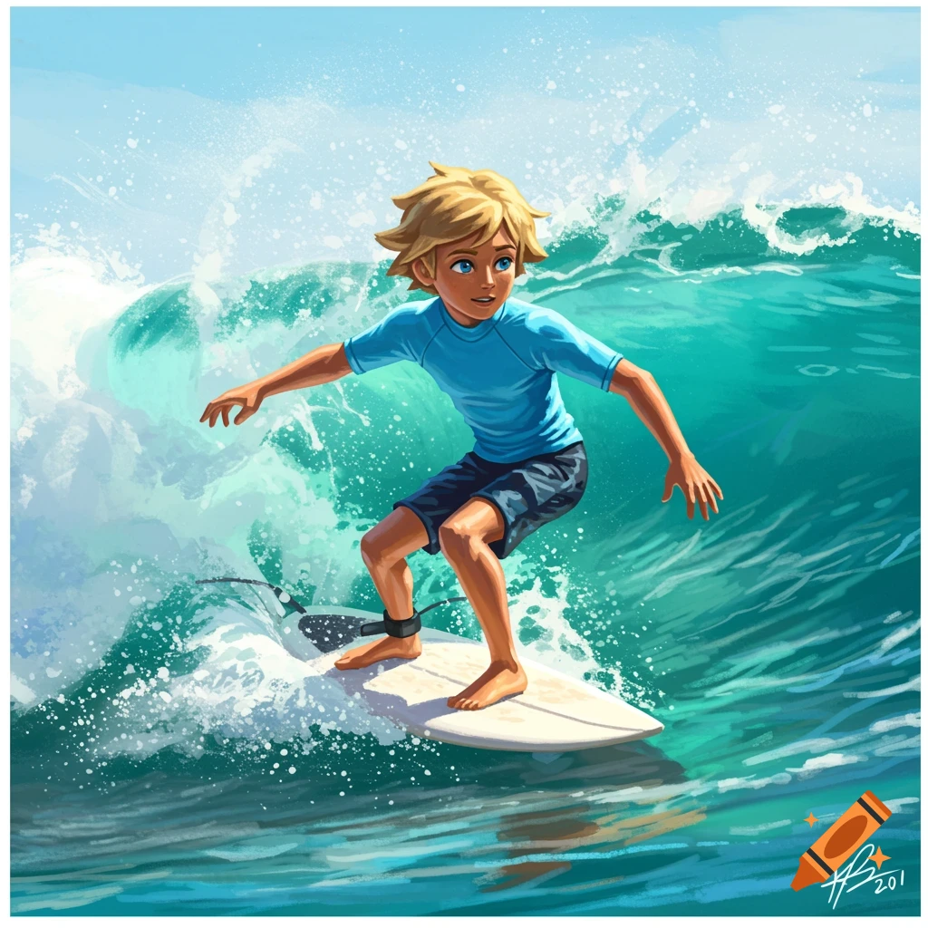Cartoon illustration of a blonde boy surfing on a large wave.