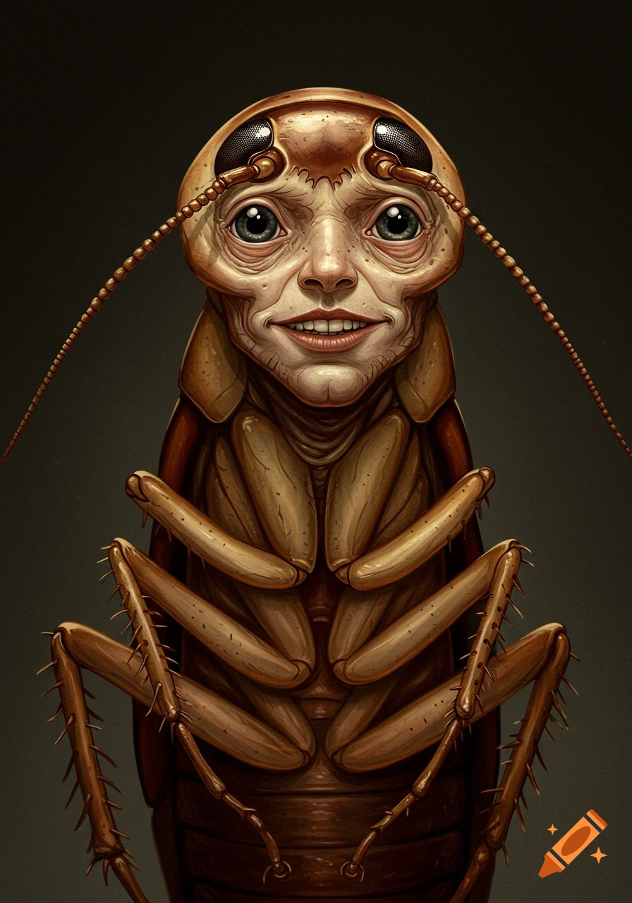 Close-up detailed illustration of a creature with a human face on a ...