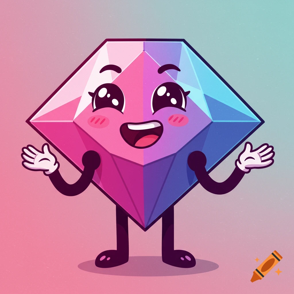 A cute cartoon diamond character with a smiling face, arms, and legs, on a gradient background.
