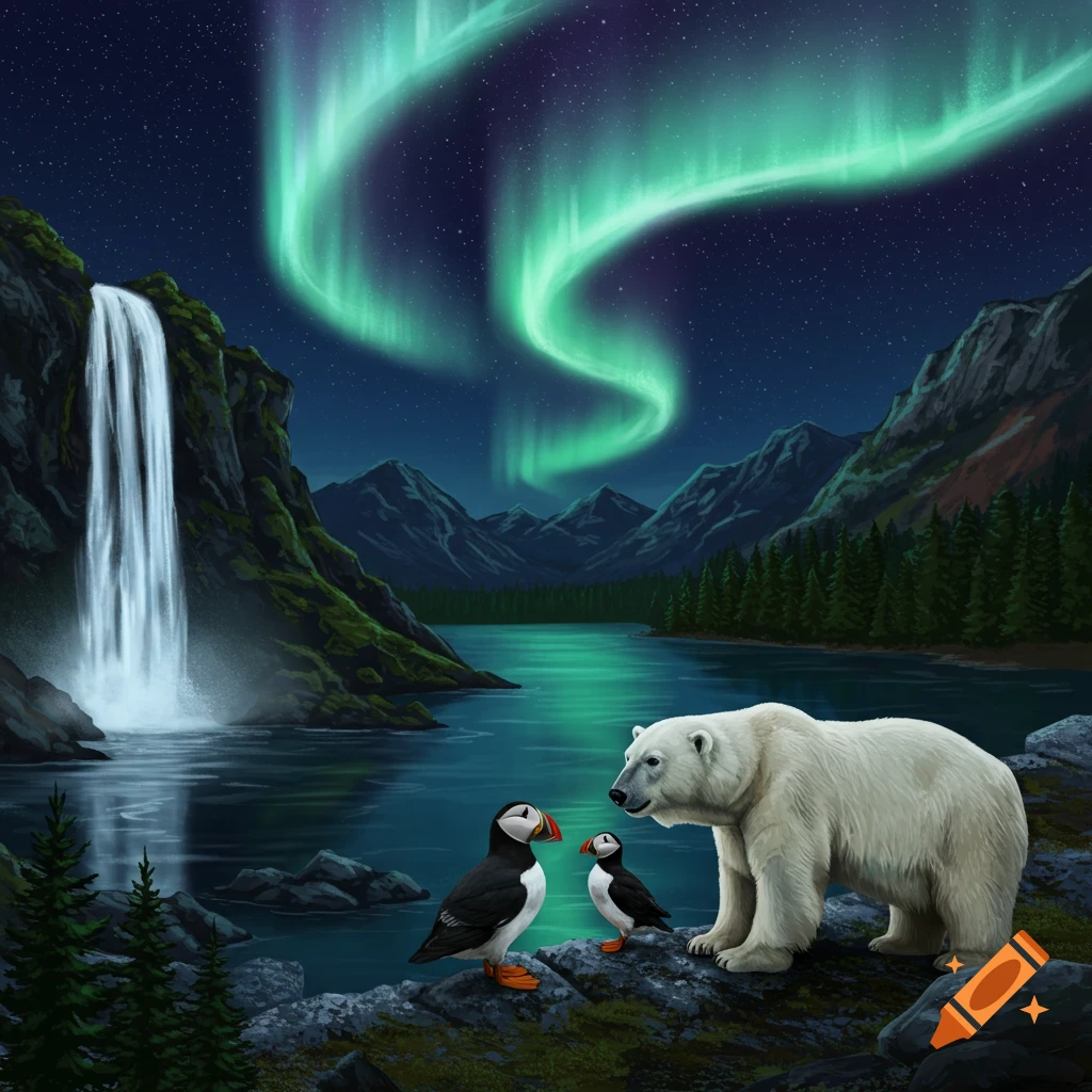 A polar bear and two puffins stand by a lake with a waterfall and mountains under the aurora borealis.
