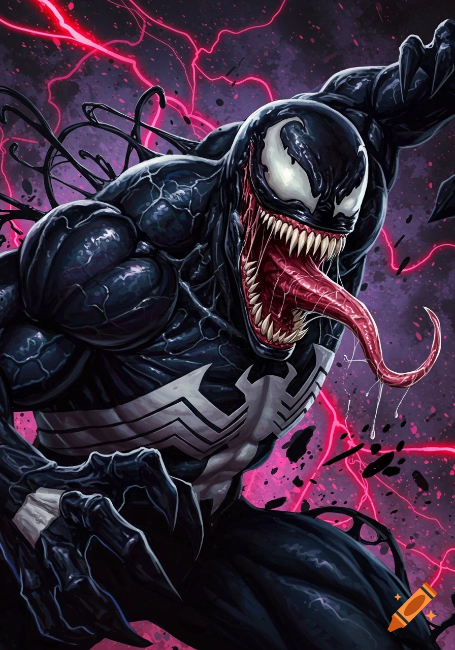 Marvel's Venom comic art with fangs, tongue, and pink lightning background