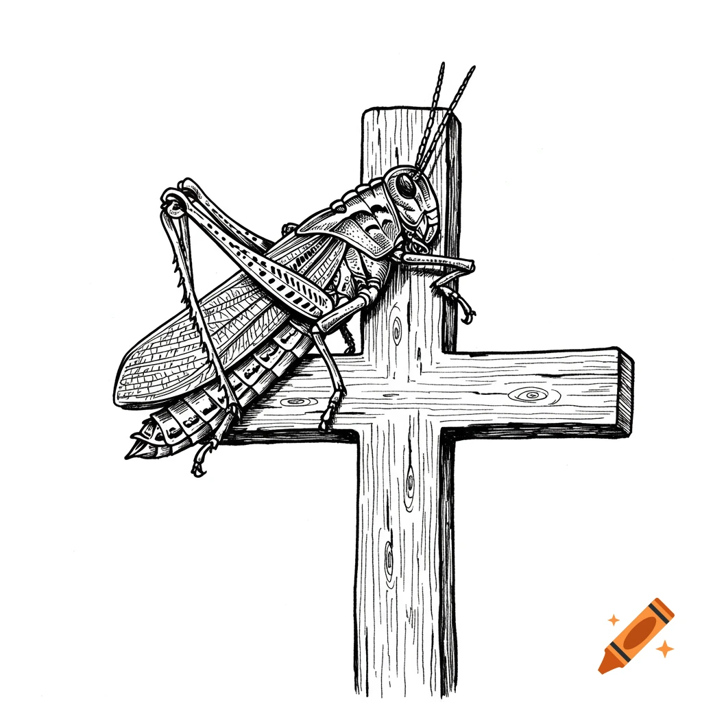 Black and white sketch of a grasshopper on a wooden cross.