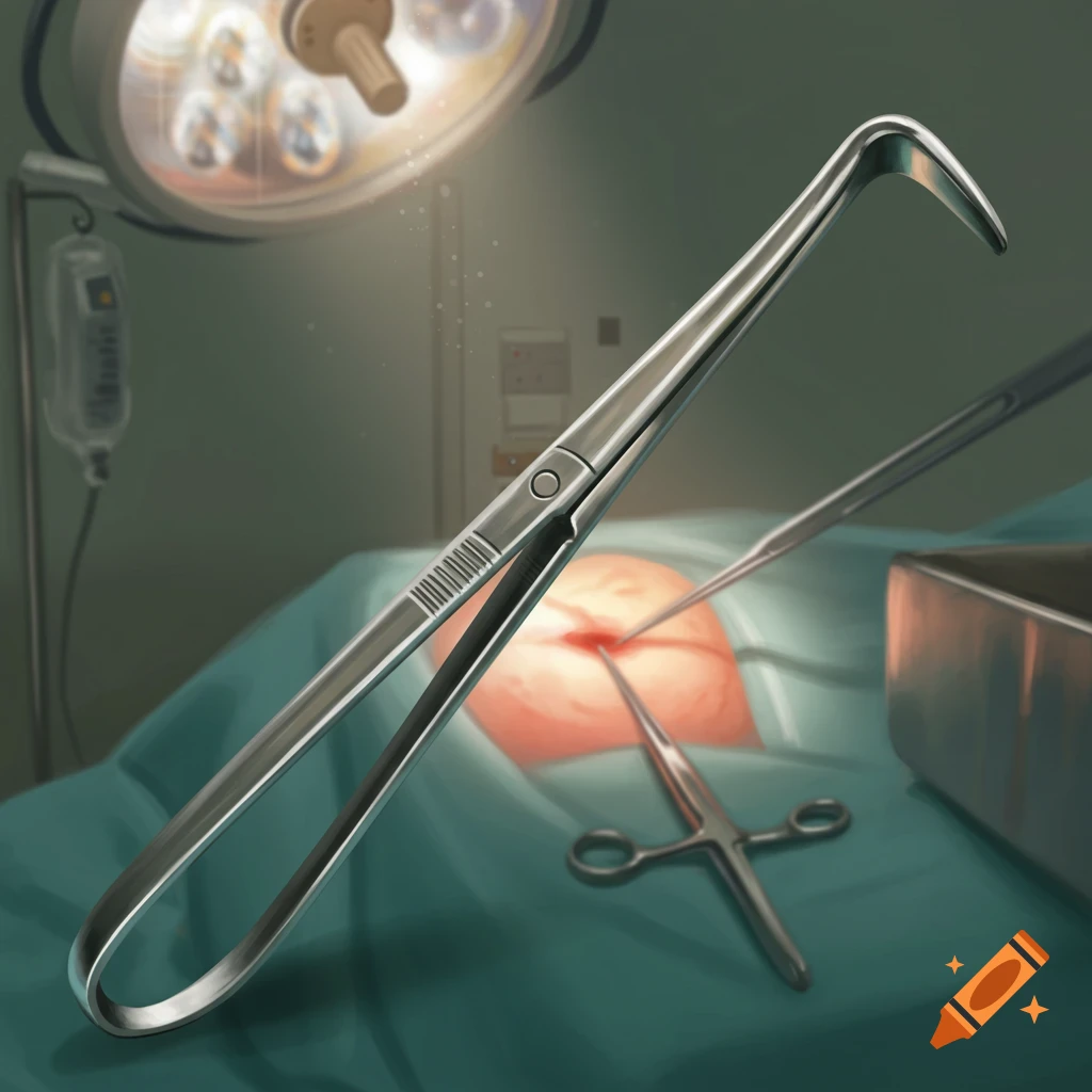 Close-up illustration of surgical tools, including forceps and scissors, over an incision on a surgical table under a bright light.