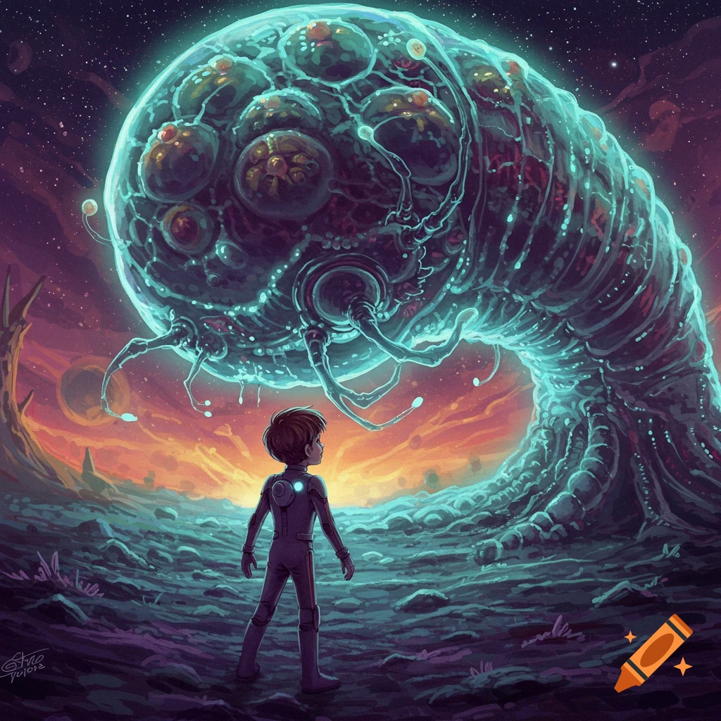 A boy in a spacesuit looks up at a giant, glowing alien creature on an alien planet landscape.