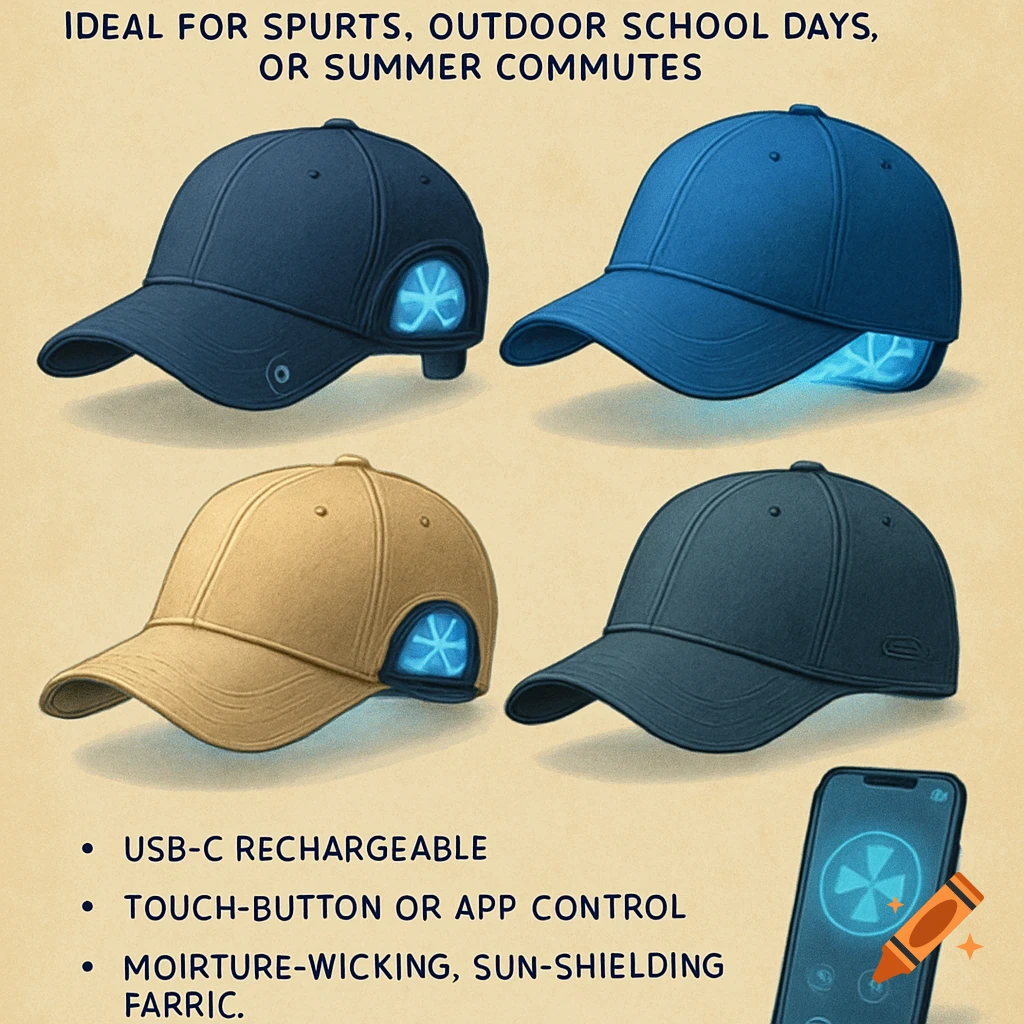 Four baseball caps with glowing cooling fans and a phone screen showing a fan icon.