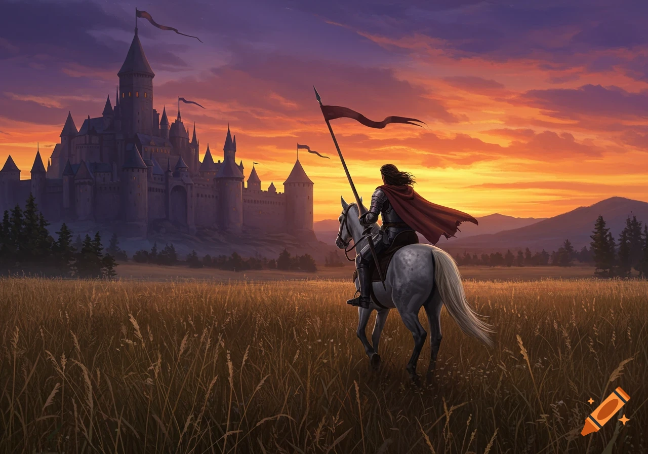 A knight on a horse rides away from a castle at sunset across a grassy field, epic fantasy painting.