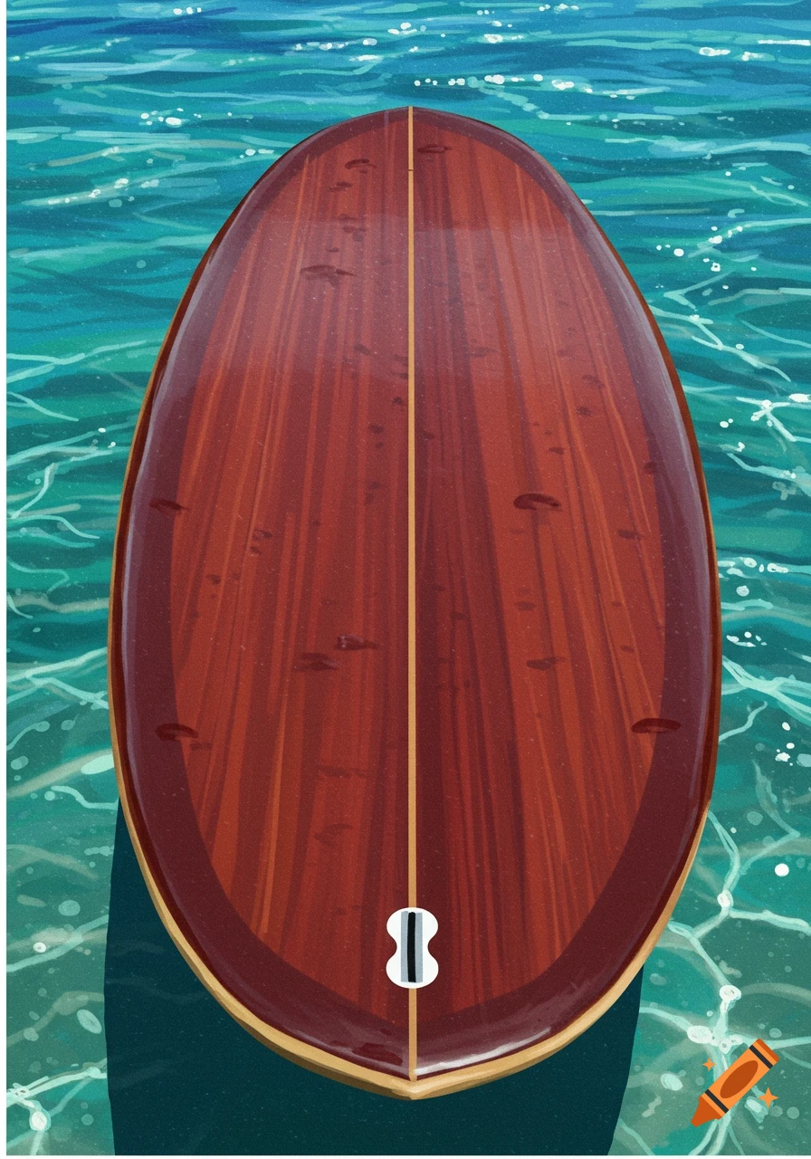 Top-down view of a wooden longboard surfboard floating on turquoise water.