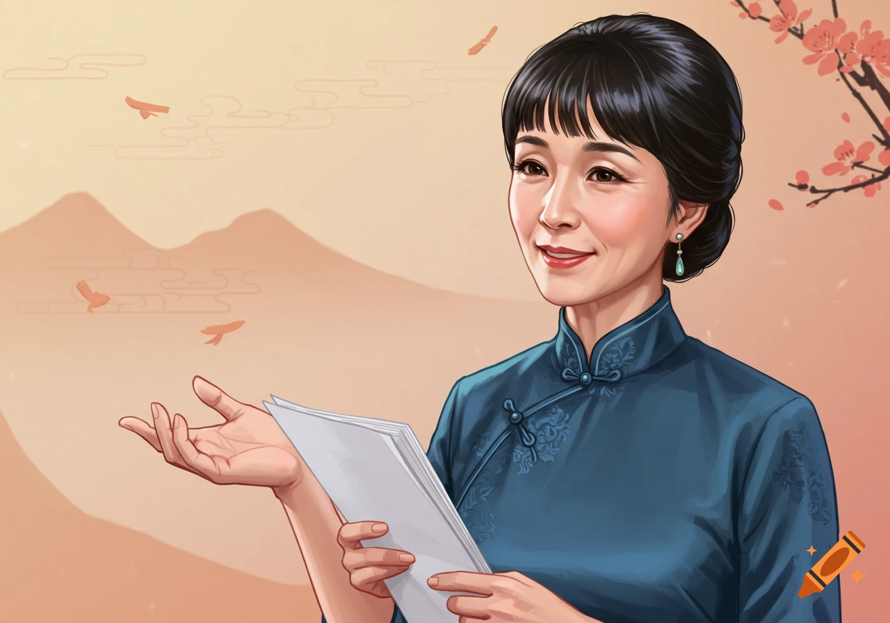 Illustration of a woman in a blue traditional Chinese dress holding papers.