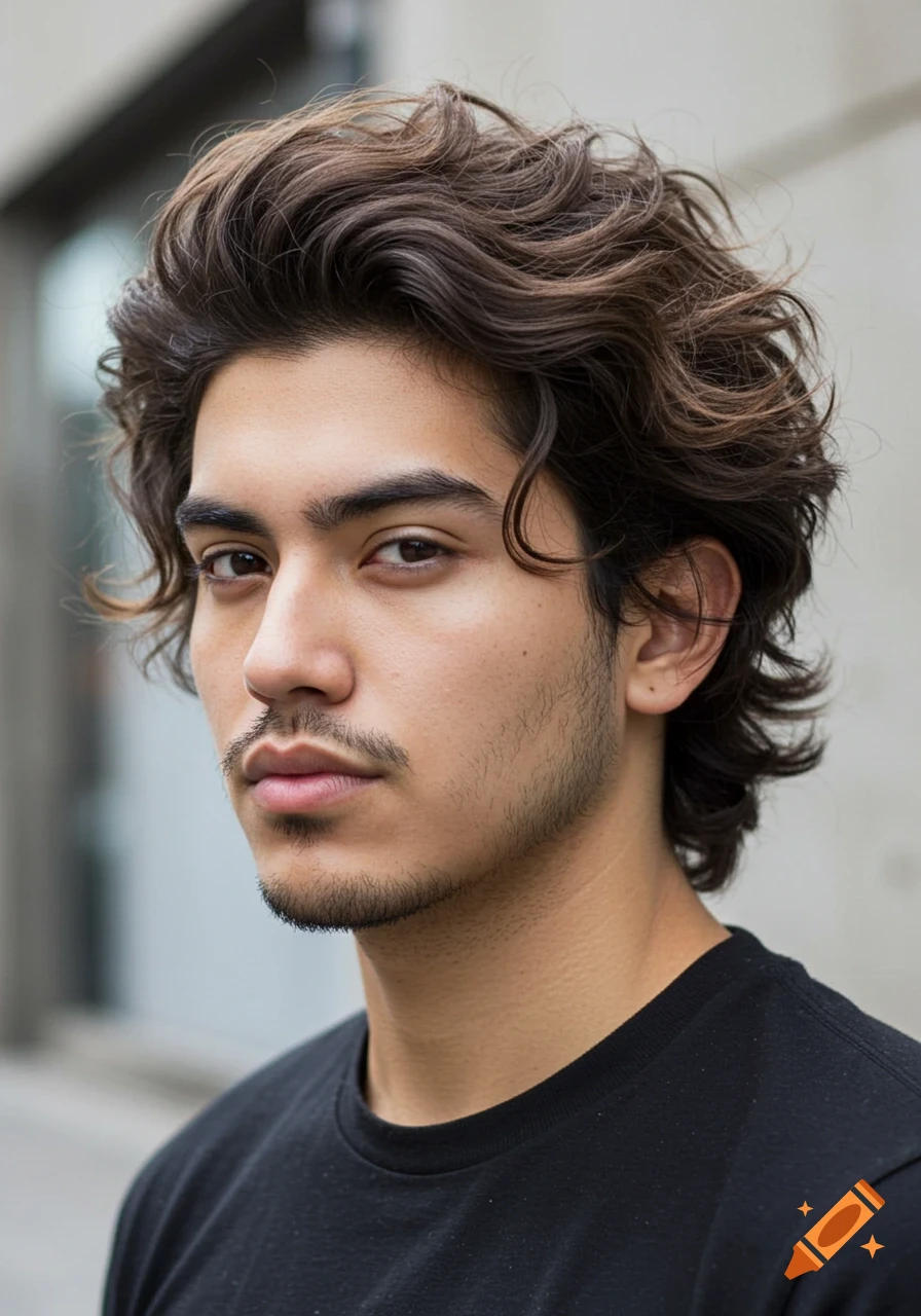 Photorealistic portrait of young man with wavy brown hair and stubble