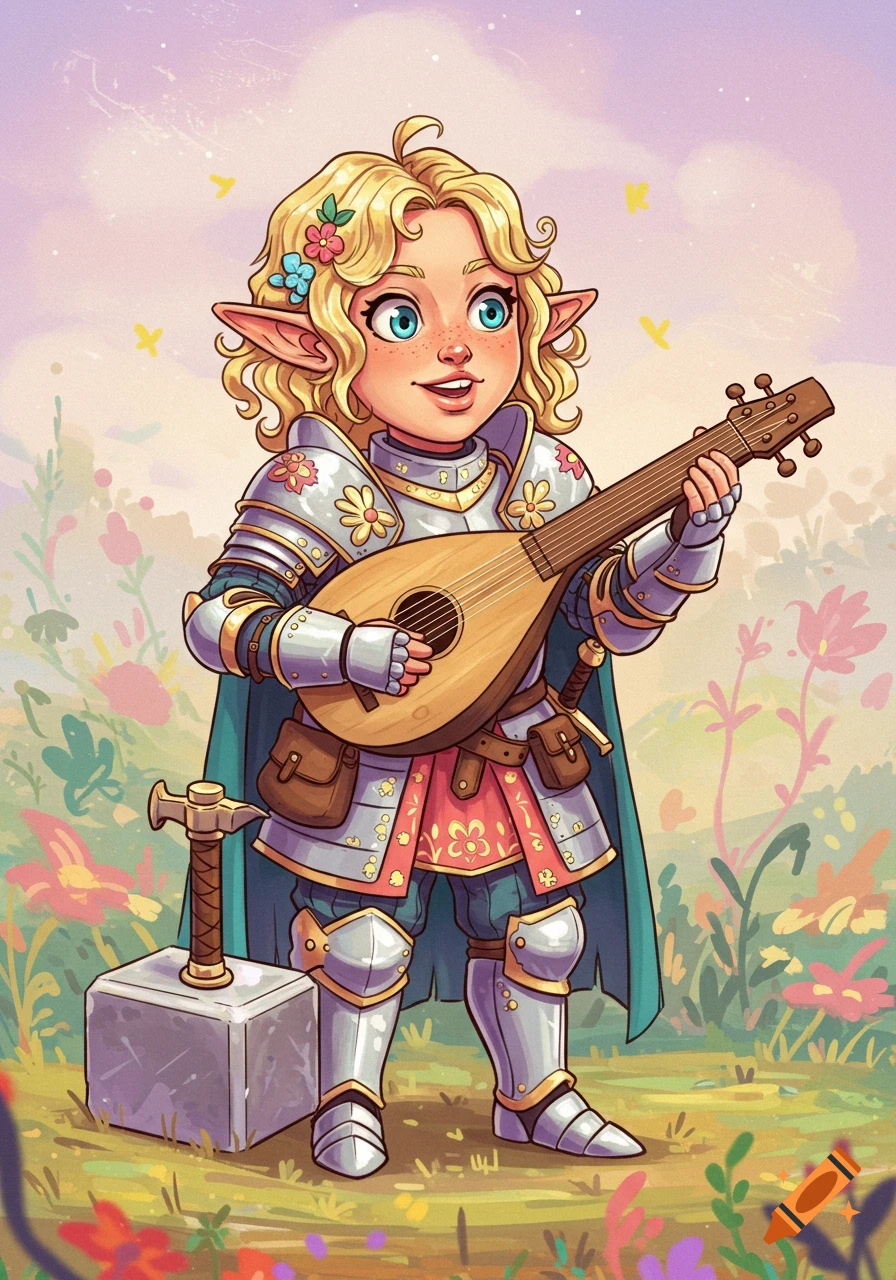A cheerful female halfling in armor plays a lute in a field of flowers, illustration.