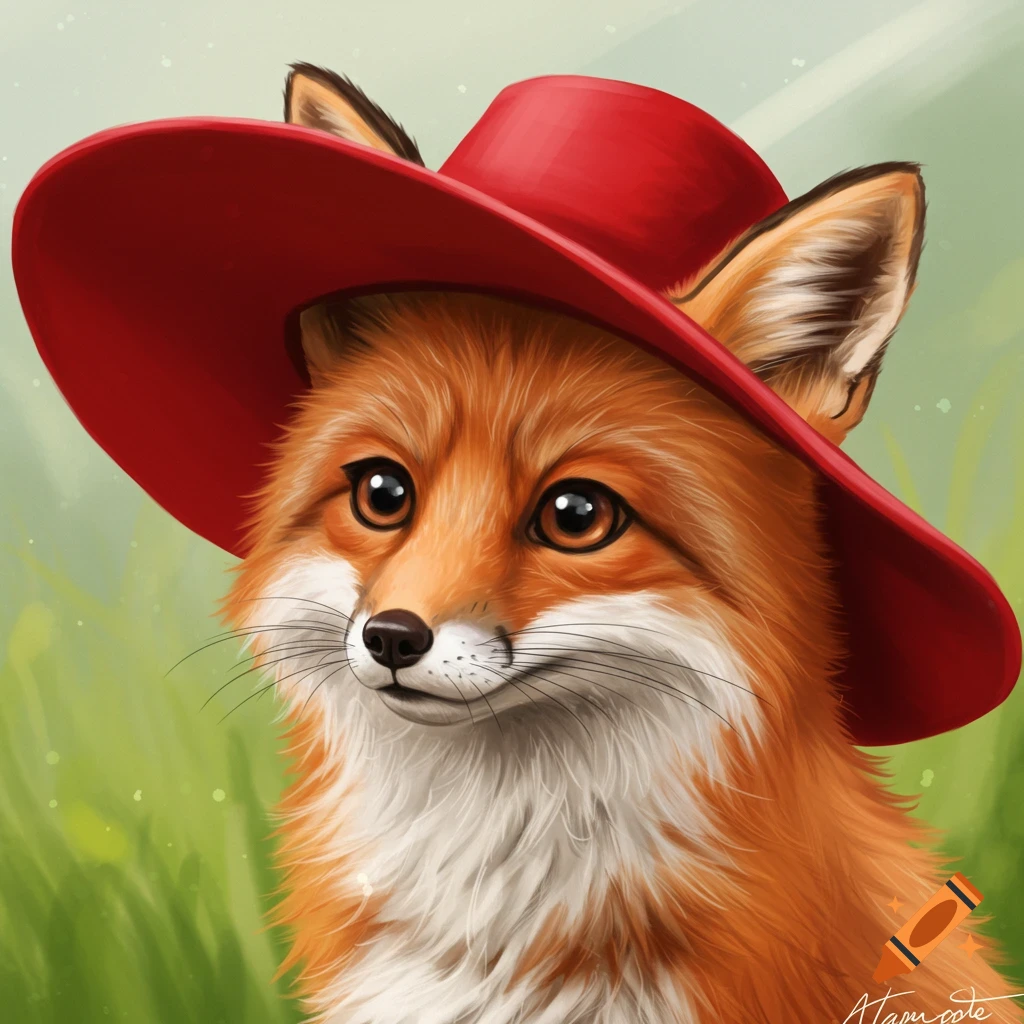 Cute fox wearing a red hat in a grassy field, digital illustration