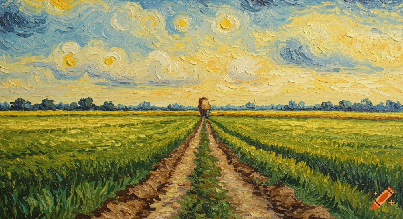 Van Gogh style painting of a path through a field under a swirling sky.