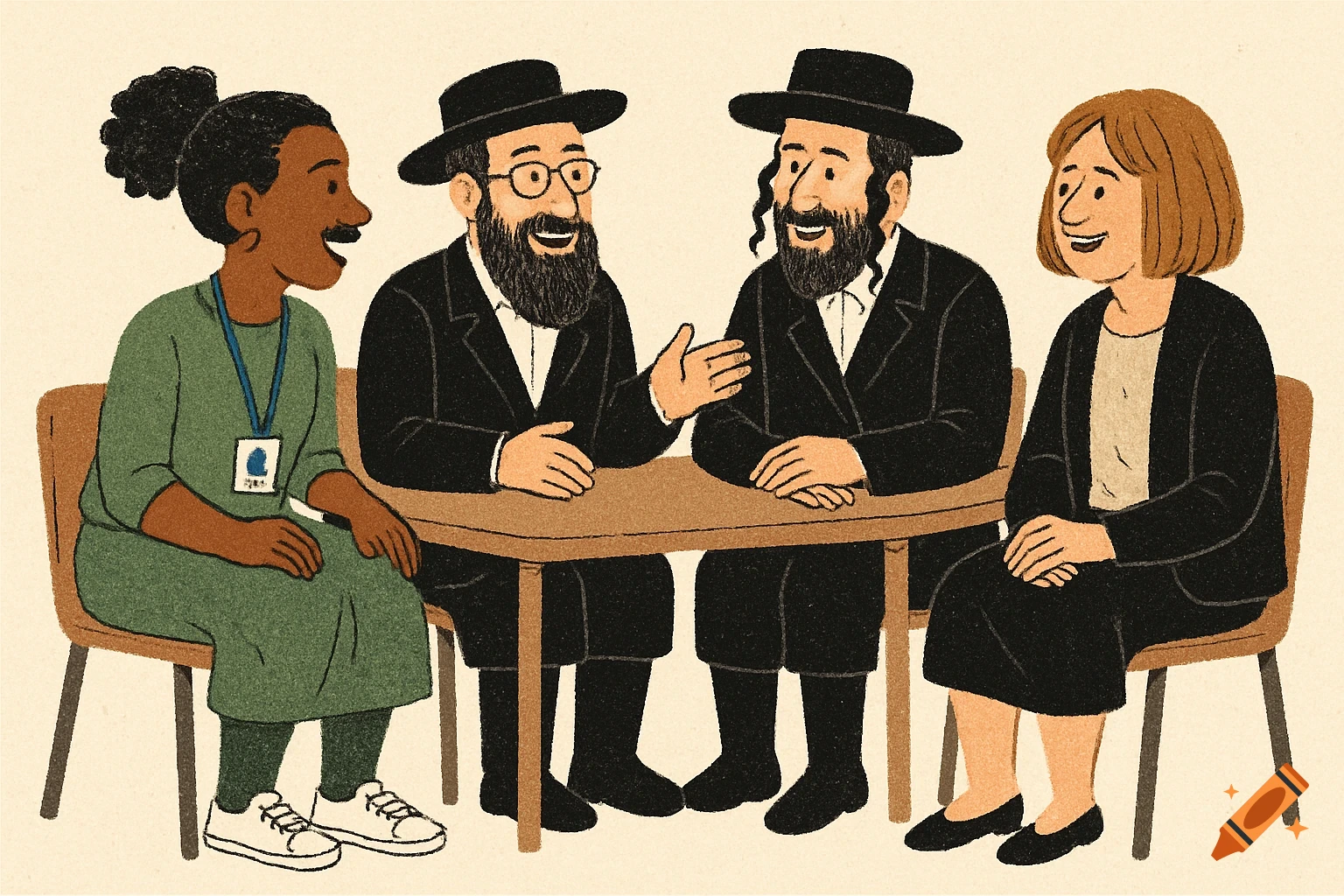 Clip art illustration of four diverse adults, including two Orthodox Jewish men, having a conversation around a table.