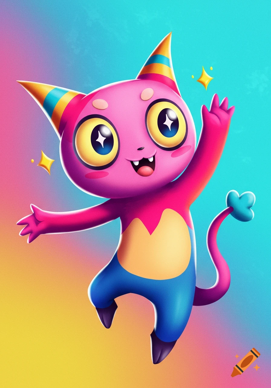 Cartoon pink creature with party hat waving