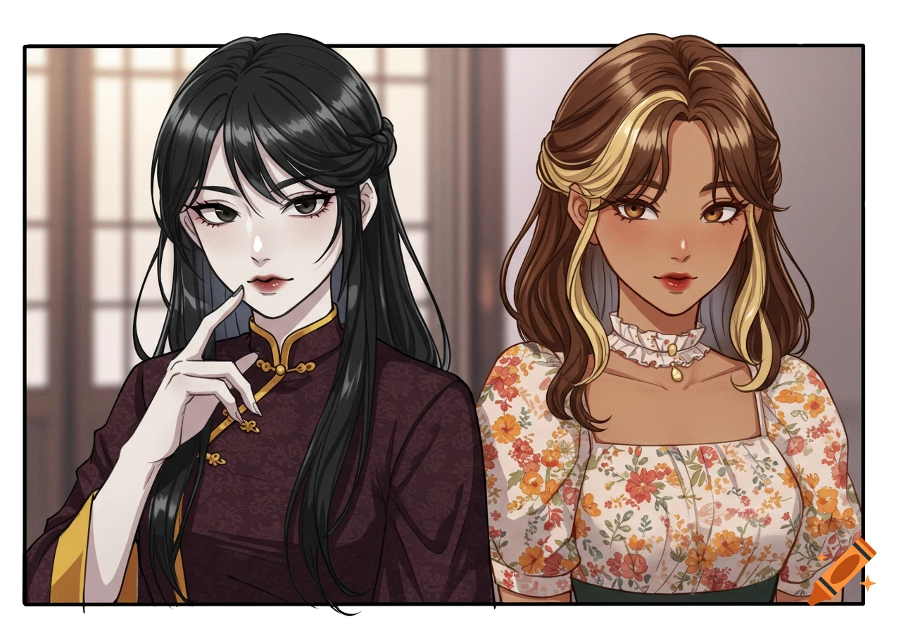 Manhwa portrait of two women, one in a dark dress and pale, the other tan in a floral dress.