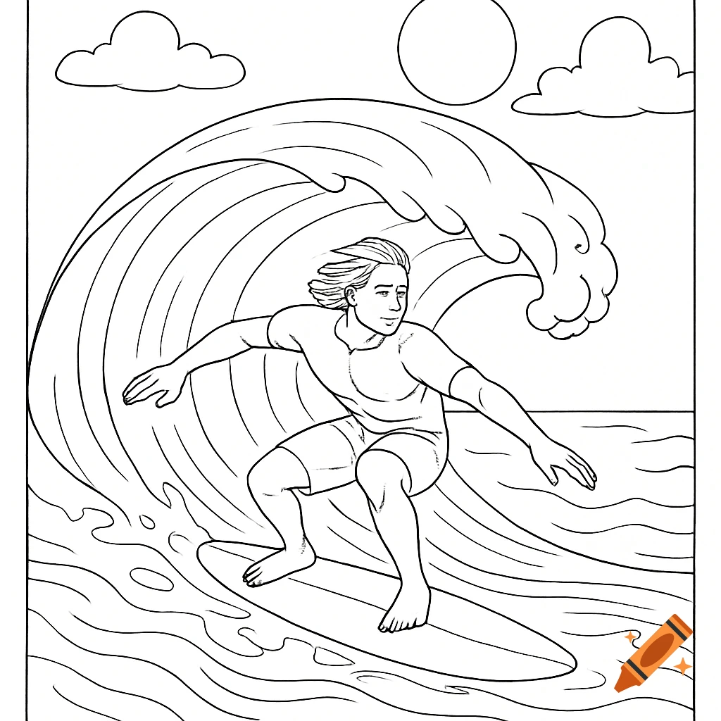 Line drawing of a surfer riding a large wave, designed for coloring.