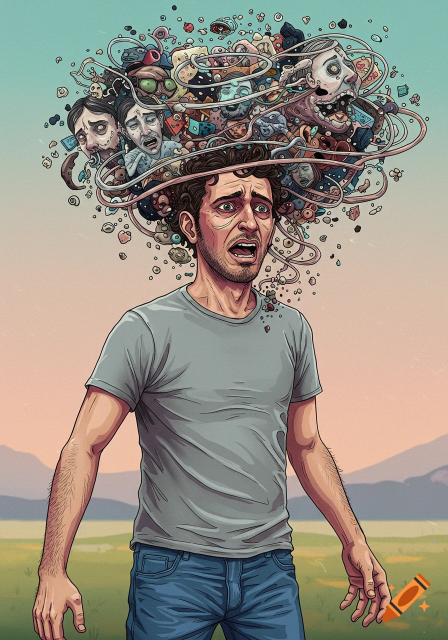 Illustration of a man screaming in distress with swirling, grotesque faces and objects coming from his head