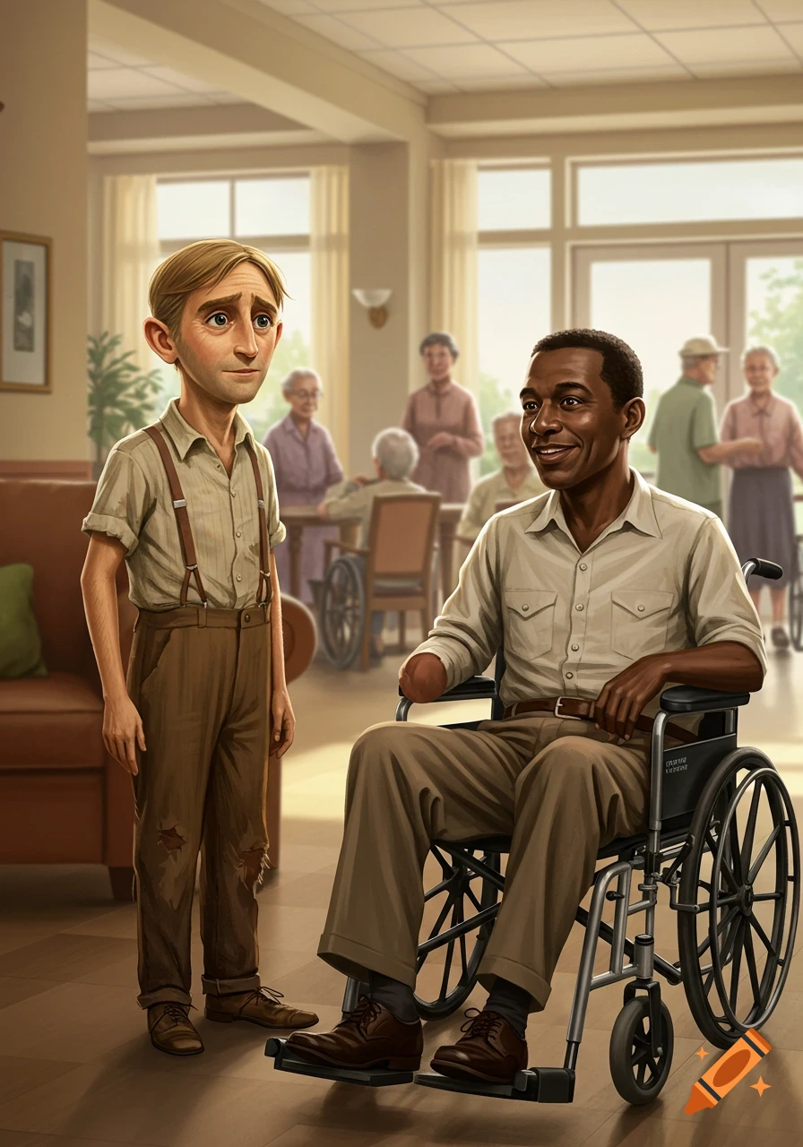 A young character with suspenders stands next to a Black character in a wheelchair, in a bright nursing home room with other people.