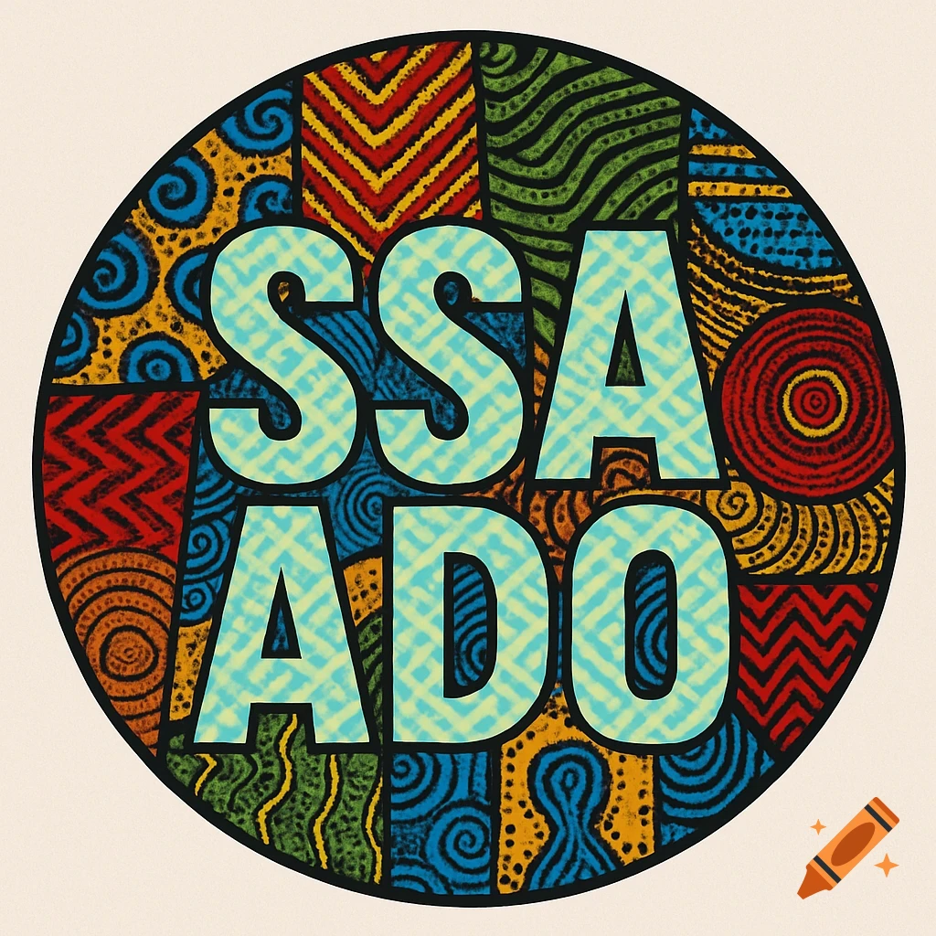 Circular logo with African patterns and 'SSA ADO' text.