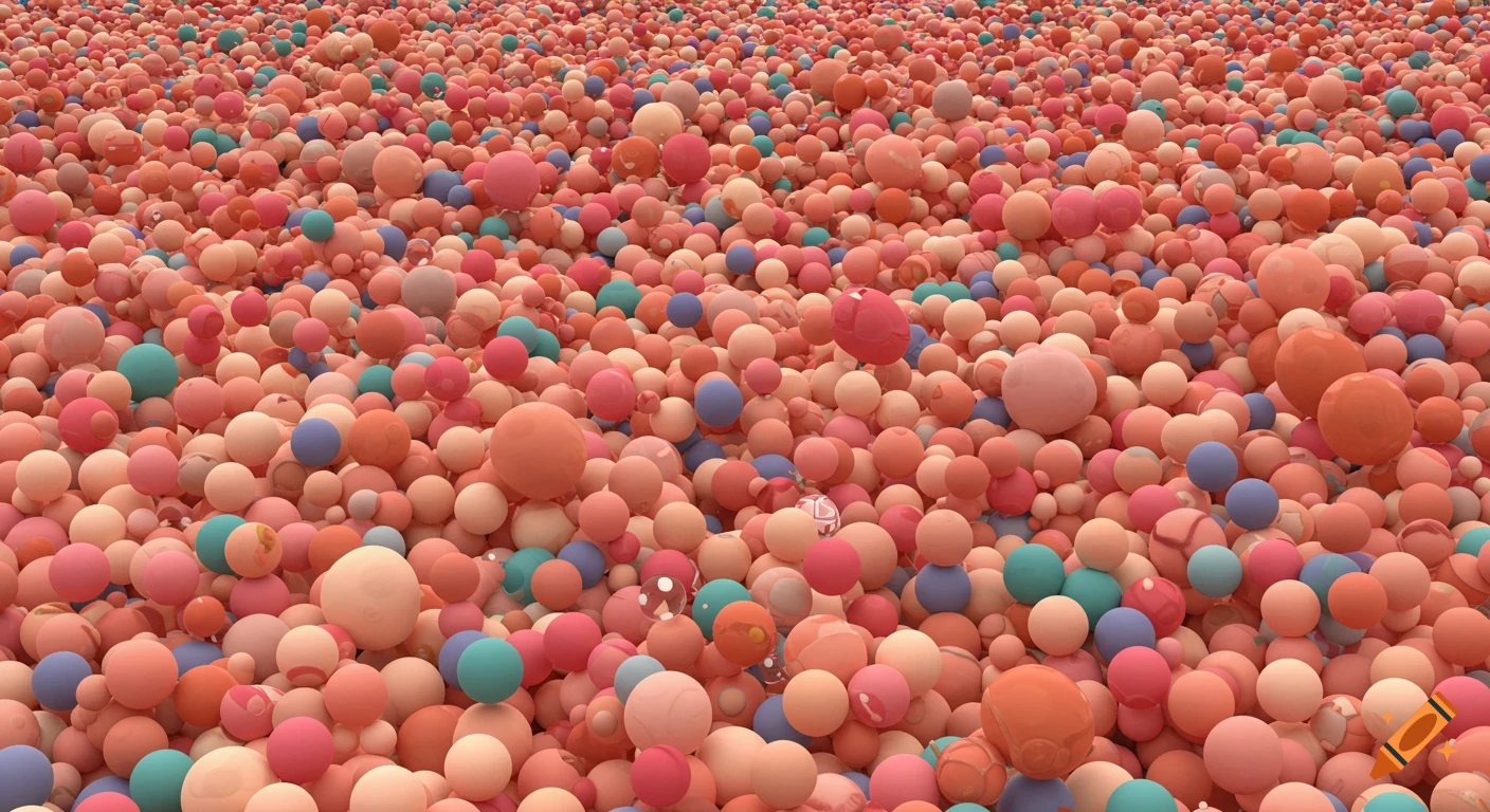 Background of many tiny colorful spheres in pink, orange, blue, and teal.