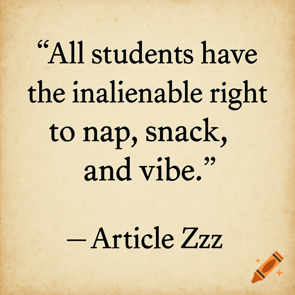 Quote: All students have the inalienable right to nap, snack, and vibe. - Article Zzz on an old paper background.