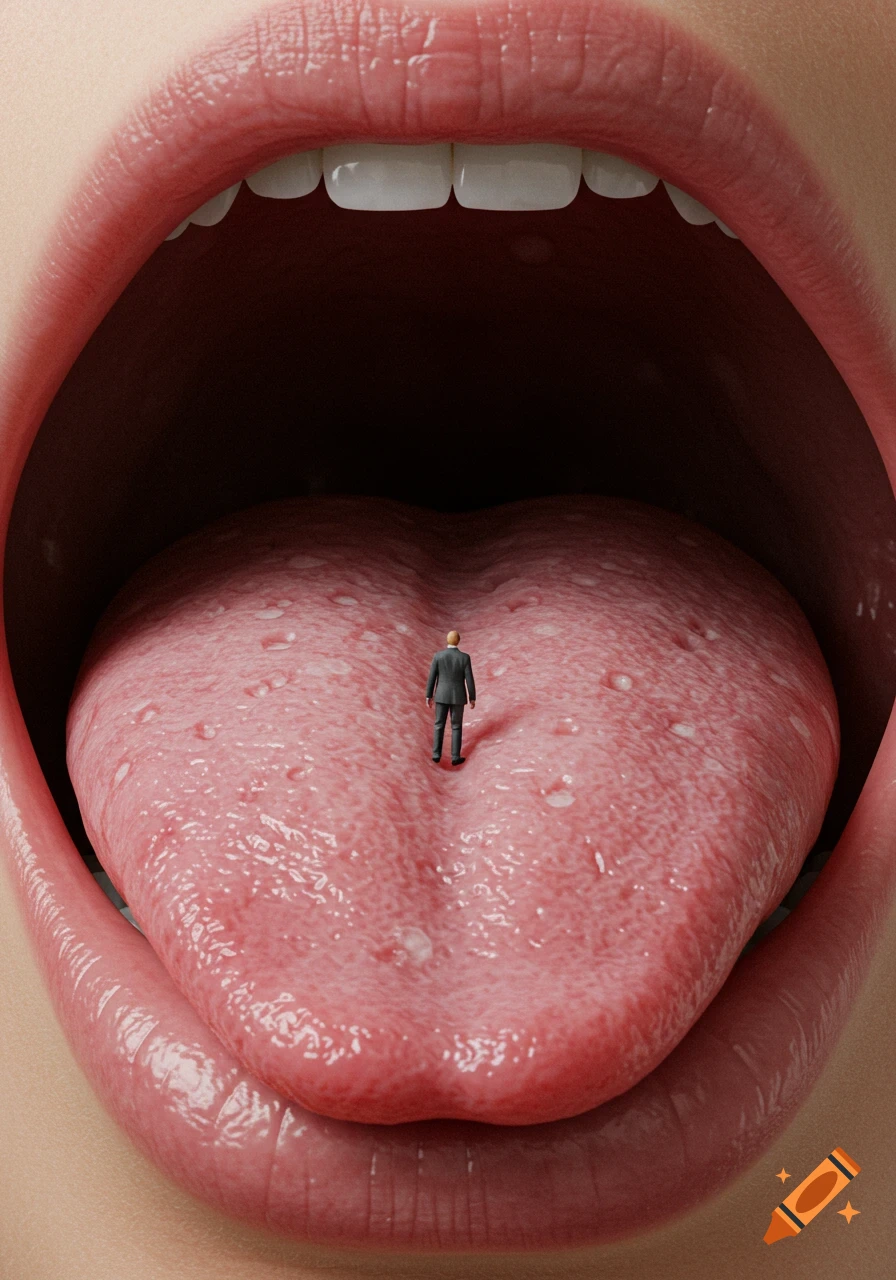 A tiny man stands on a giant human tongue inside a wide-open mouth.