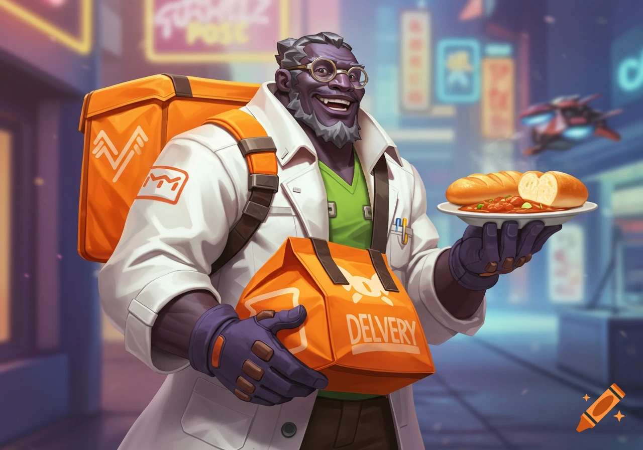 A smiling gorilla-like character in a lab coat and delivery gear holds an orange bag and a plate of food in a city street.