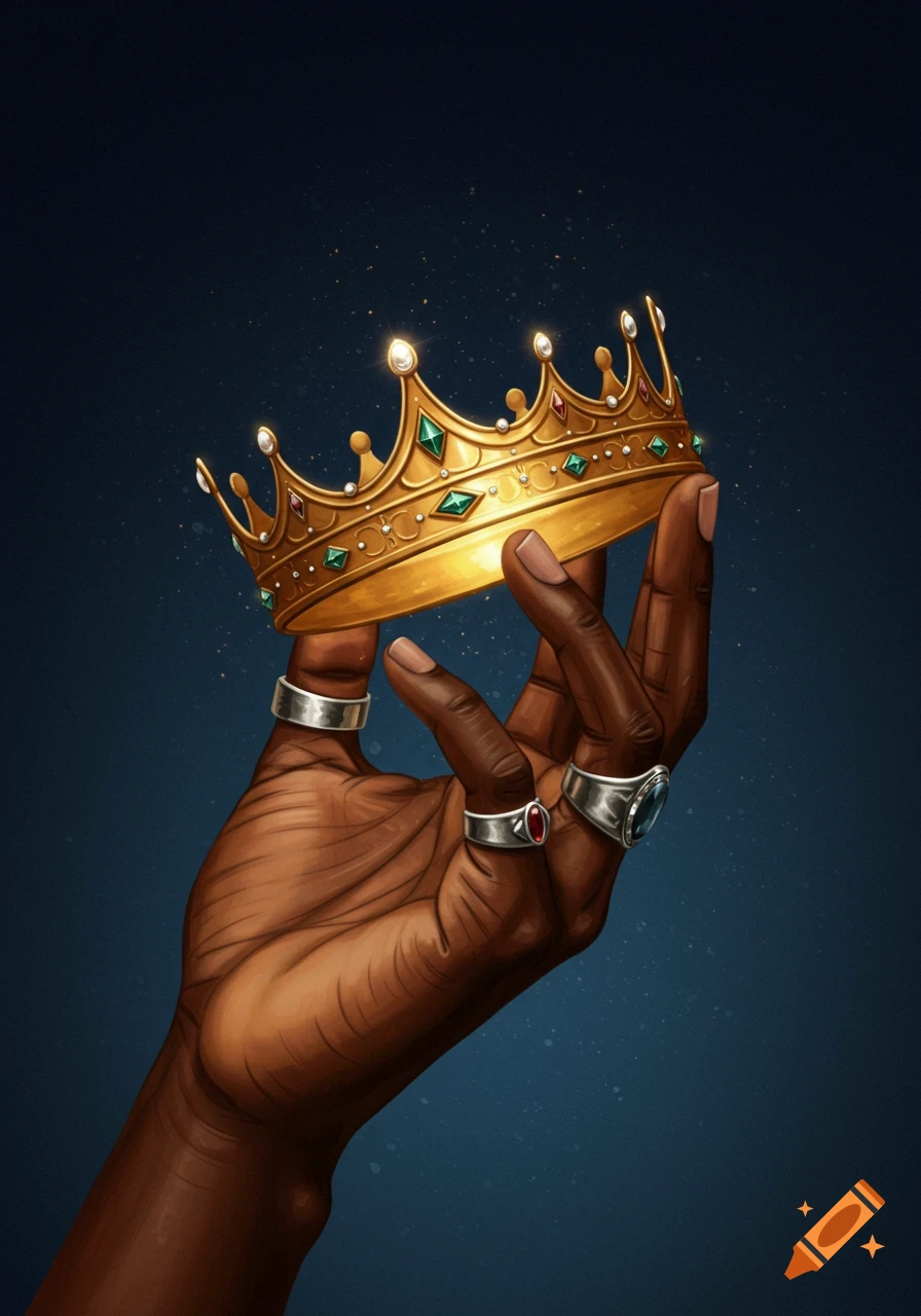 A dark-skinned hand holds up a golden jeweled crown against a dark background.