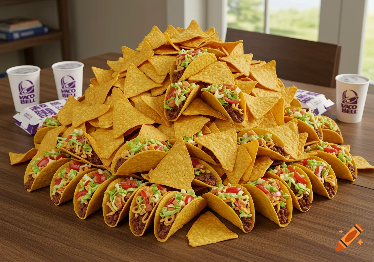 A massive pile of tacos and tortilla chips on a table with Taco Bell cups in the background.