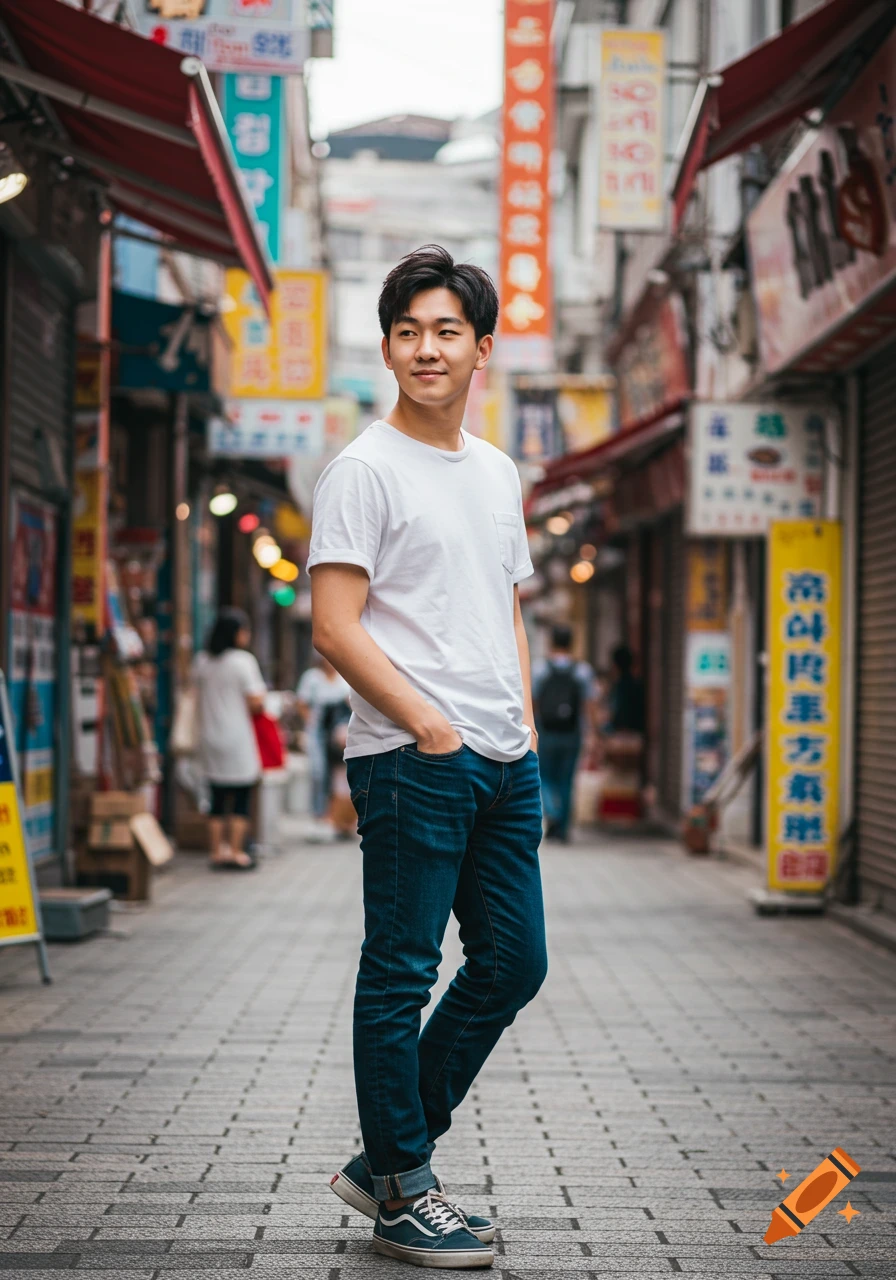 A young Asian man in a white t-shirt and jeans stands in a blurred street scene with signs.